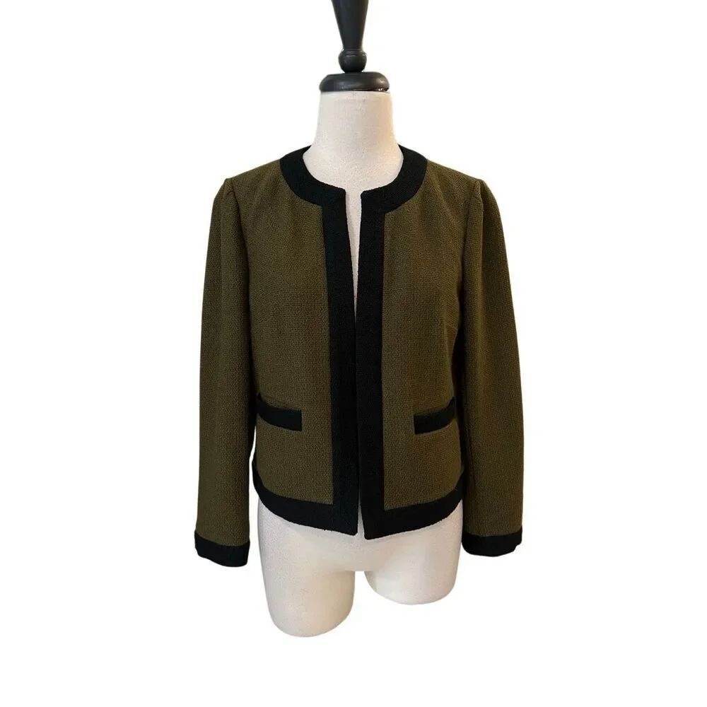Ann TaylorâWomen's Open Front Nubby Cropped Jacket Black Trim Olive Green Small
